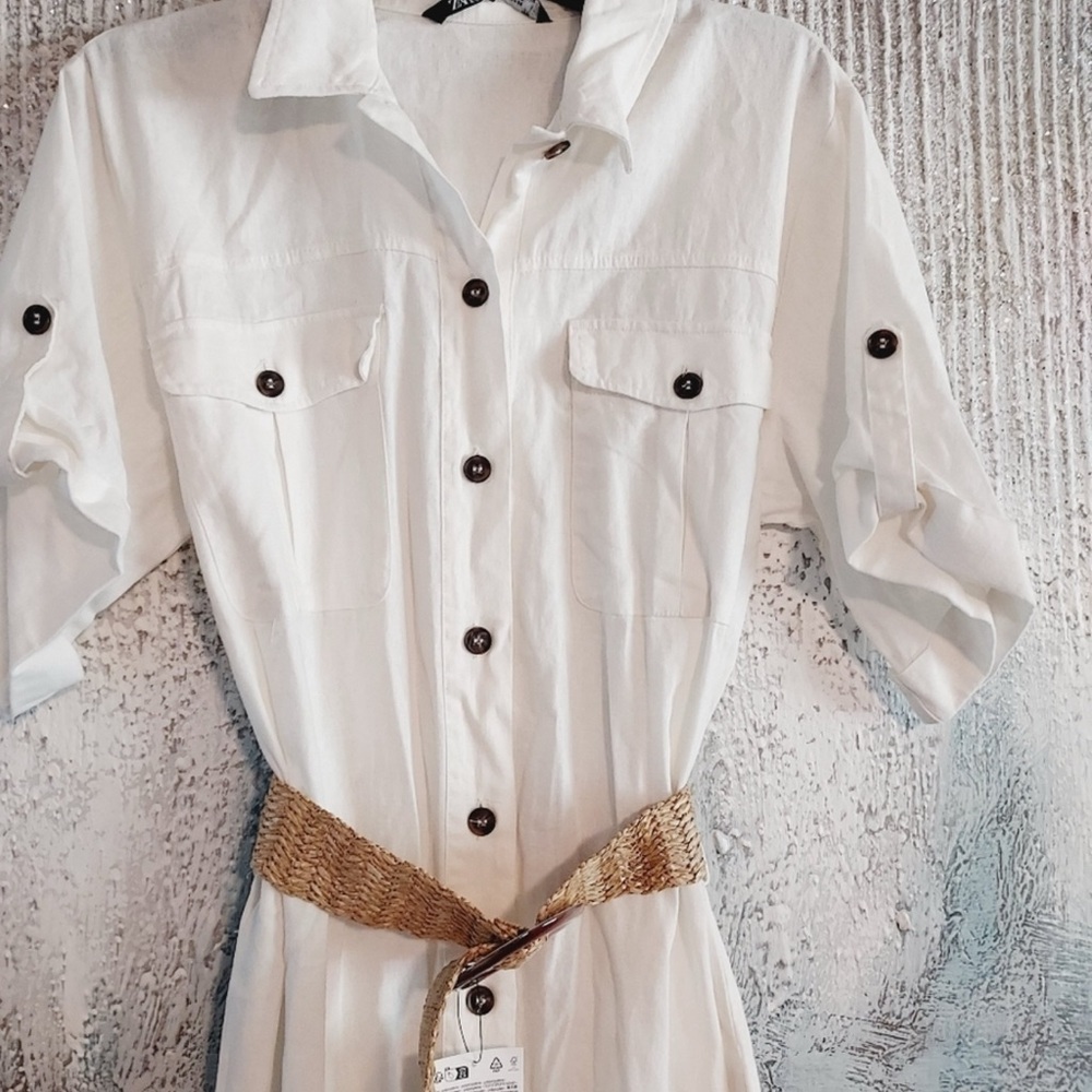 ✨ ZARA Linen Blend Belted Midi Shirt Dress – Size XL ✨ - Picture 6 of 8